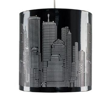 Show details for Gloss Black Lampshade Pendant Ceiling Light With New York City Skyline Cut-Out Picture of Gloss Black Lampshade Pendant Ceiling Light With New York City Skyline Cut-Out
