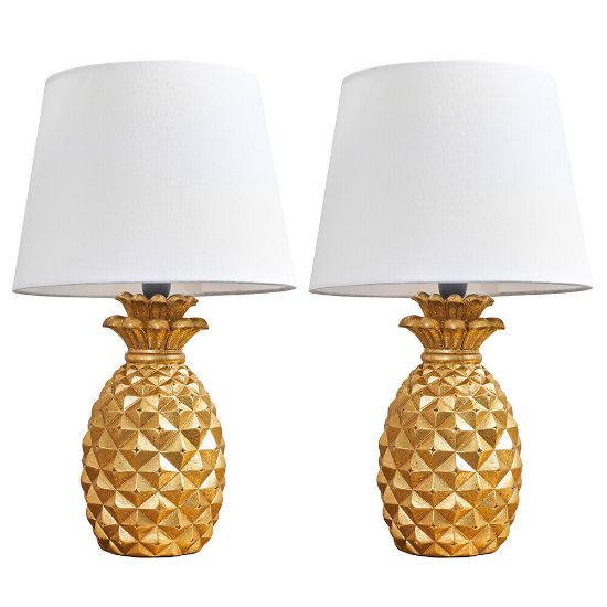 Picture of Pair of Gold Pineapple Table Lamps With LED Tapered Shades For Bedside or Living Room Lighting