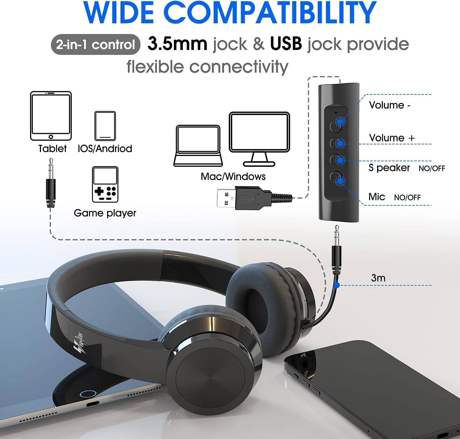 USB Headsets with Microphone - 3m Length, Noise Cancelling, Multi-Use ...