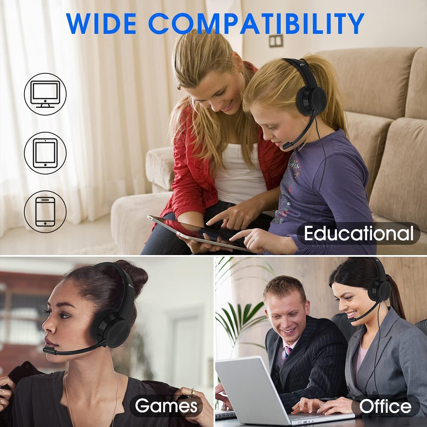 USB Headsets with Microphone - 3m Length, Noise Cancelling, Multi-Use ...