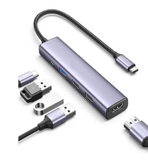Picture of USB C Hub, 5-in-1 USB C Multiport Adapter with 100W PD, 4K HDMI, 3 USB-A Data Ports, Aluminum USB Type C Hub 