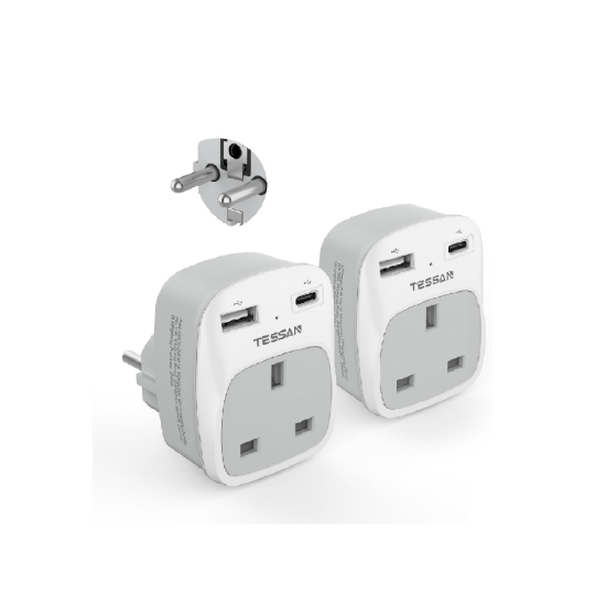 Picture of UK to EU Plug Adapter 2 Pack TESSAN with 2 USB Ports (1 USB-C) Grounded Travel Adapter Type E/F
